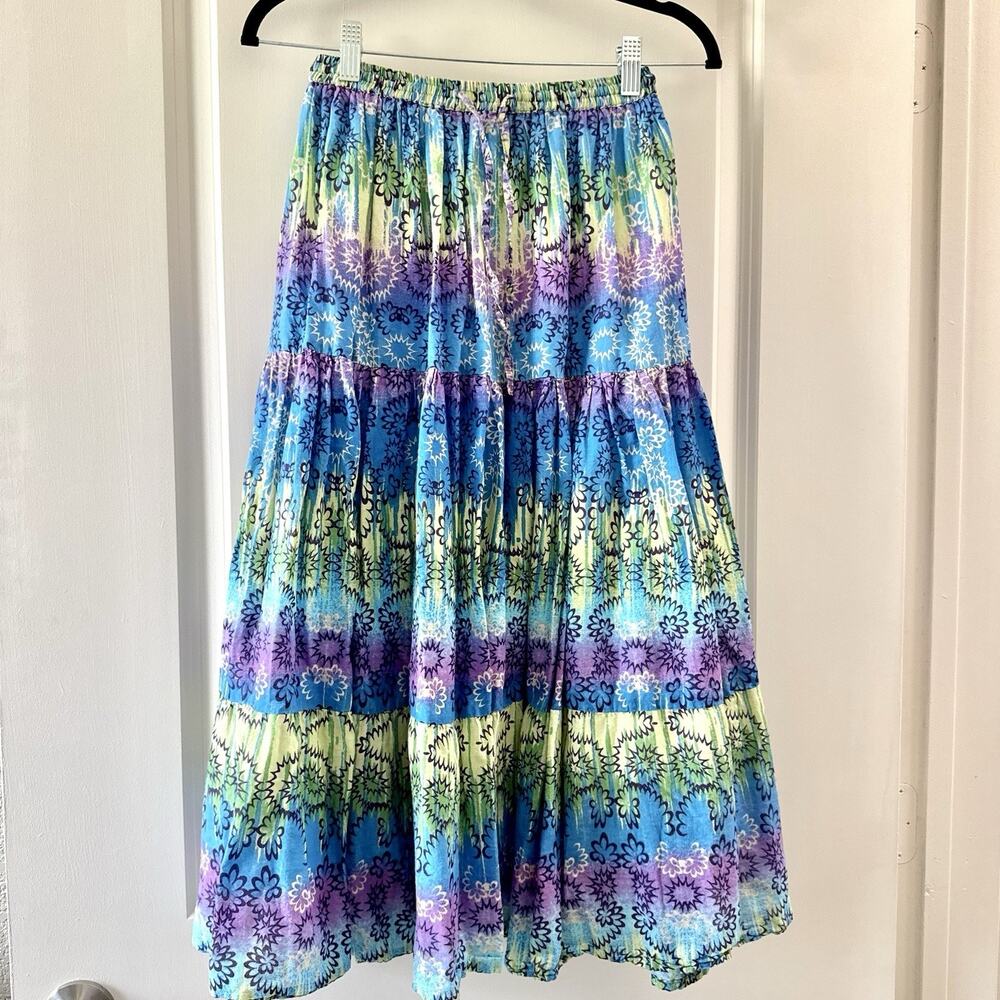 Jane Ashley Petite Small Tiered Maxi Skirt Floral Boho Cotton Blue Purple Y2K